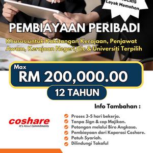 pembiayaan peribadi koperasi coshare max rm200,000.00 tanpa cop majikan