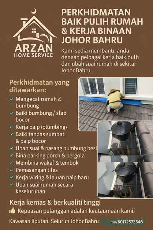 Tukang ubah suai rumah pakar baiki atap bocor gelang patah taman nusaprima Nusa Bayu nusa indah Johor Bahru