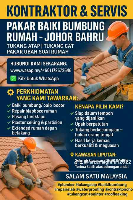 Pakar baiki atap/bumbung/slab bocor kawasan taman pulai indah jb
