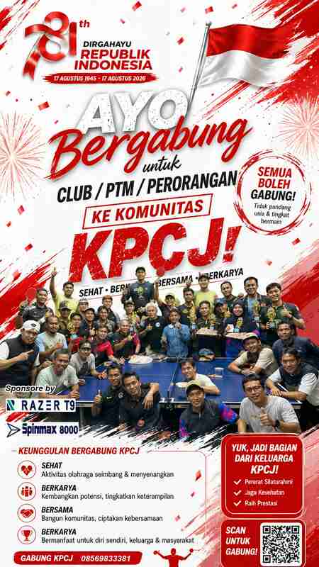 Selamat datang di KPCJ – Keluarga Besar Tenis Meja yang Sehat, Berkarya, dan Berprestasi!